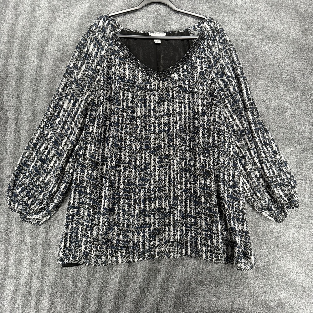 Fred David Blouse Top Plus Size 3X Black Blue V-Neck Evening Lagenlook Coastal